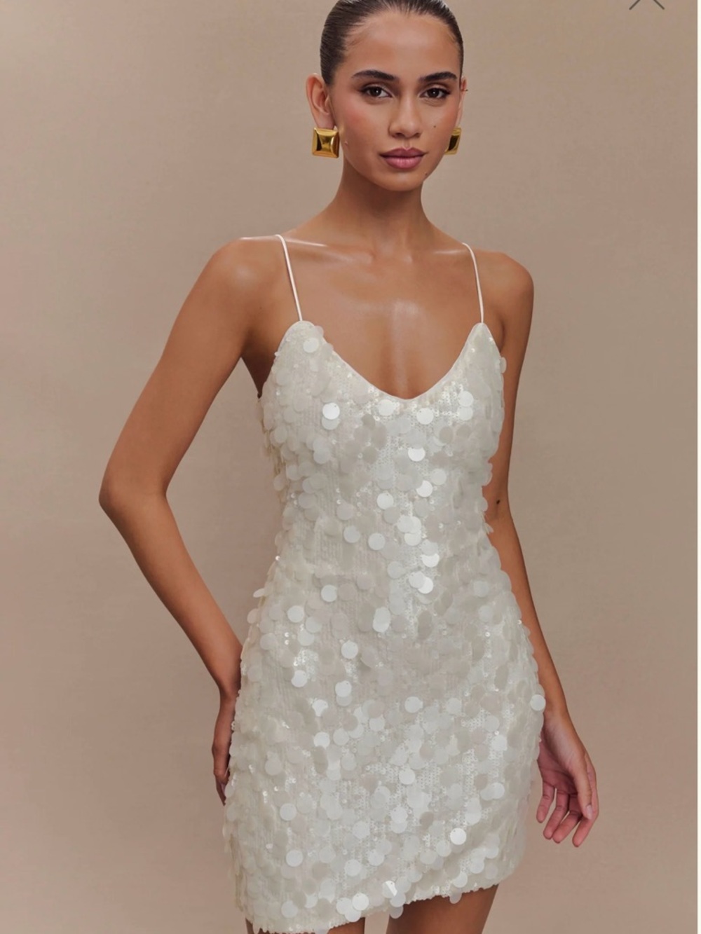 Meshki White Sequin Spaghetti-Strap Mini Dress